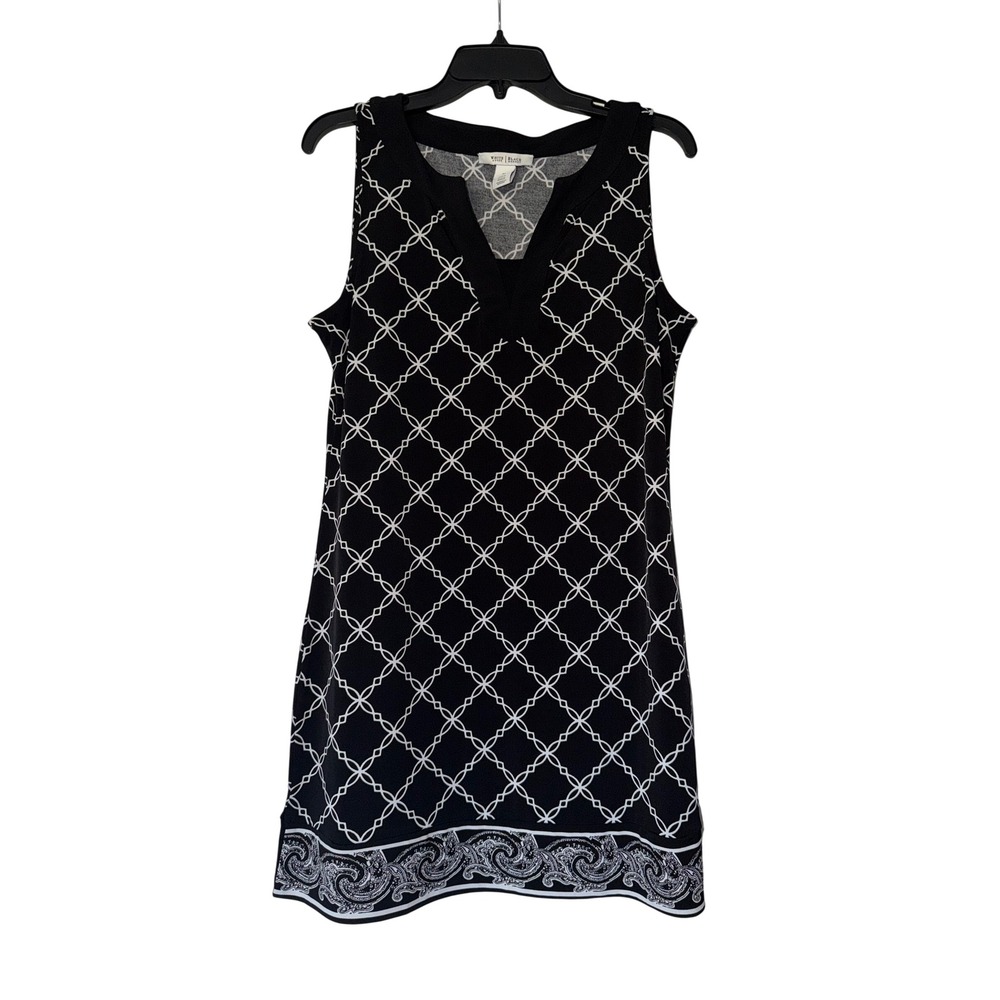 White House Black Market Black White Geometric V-Neck Sleeveless Tunic Dress M